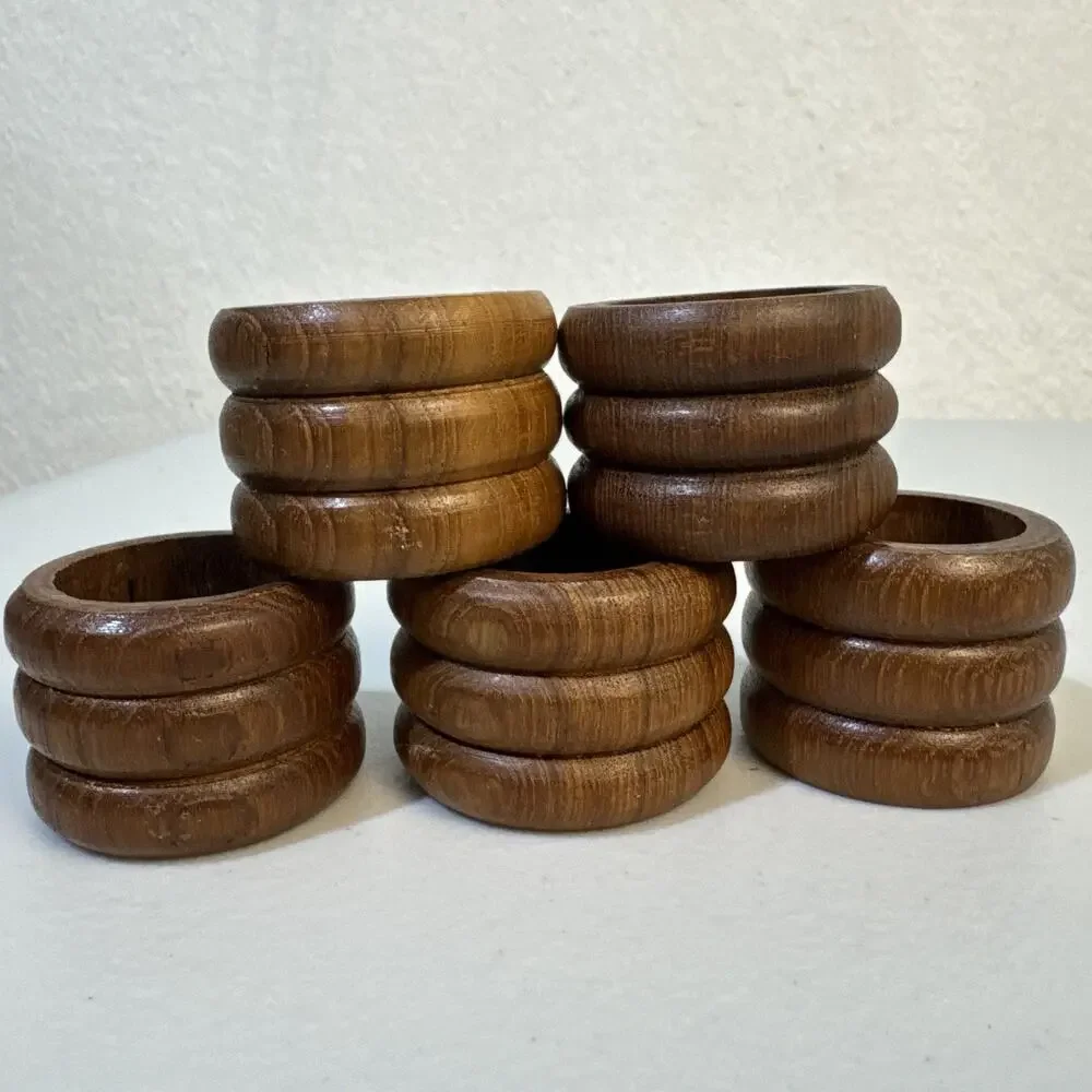 VTG Set of Five (5) MCM Ribbed Wooden Napkin Holders Round Shape 70’s Teak Wood